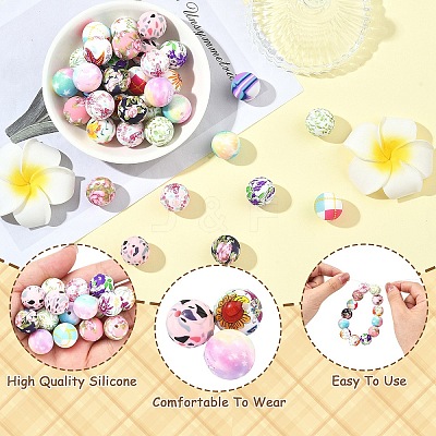 36Pcs 6 Styles Round Food Grade Eco-Friendly Silicone Focal Beads SIL-YW0002-33A-1