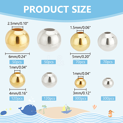 1080Pcs 8 Styles Brass Smooth Round Beads FIND-PH0018-84-1