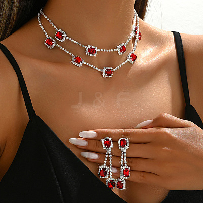 Rectangle Brass Rhinestone Double Layer Chain Necklace & Stud Dangle Earring Sets FS-WG7C731-02-1