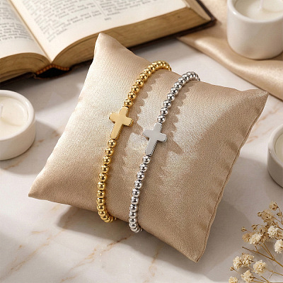 2Pcs Brass & 304 Stainless Steel Beads Stretch Bracelets Set EI7625-1-1