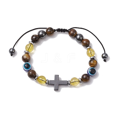 Natural Toger Eye Braided Bead Bracelets for Women Men BJEW-JB11138-02-1