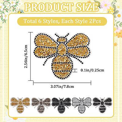 12Pcs 6 Styles Bees Hotfix Rhinestone Iron on Patches Appliques DIY-CP0009-67-1