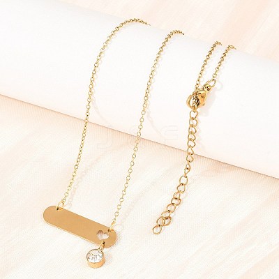 304 Stainless Steel Crystal Rhinestone Long Oval with Flat Round Pendant Necklaces NJEW-H093-08G-1
