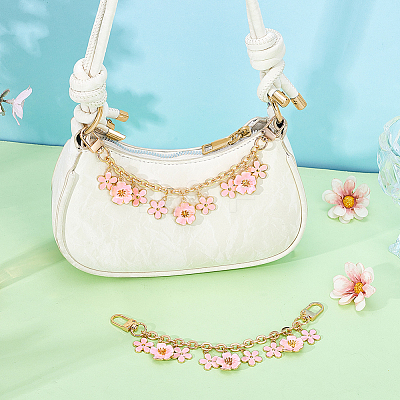 2Pcs Alloy Enamel Pink Flower Charm Cable Chain Bag Decorative Chains HJEW-PH02296-1