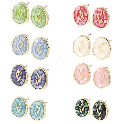 Brass Enamel Oval Stud Earrings EJEW-I322-04G-1