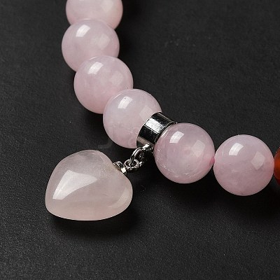 Natural Rose Quartz & Mixed Gemstone Beaded Stretch Bracelet with Heart Charm for Women BJEW-K164-B26-1