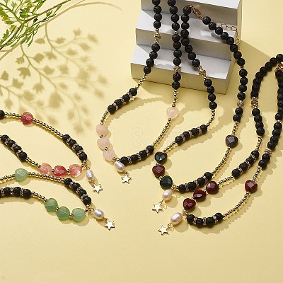 Natural Lava Rock & Gemstone Heart Beaded Necklace NJEW-JN03996-1