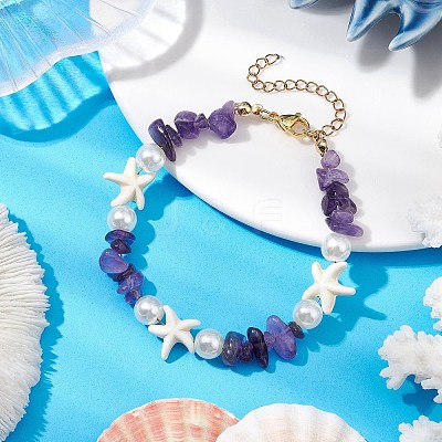 Starfish Synthetic Turquoise & Natural Amethyst Chip Beaded Bracelets for Women BJEW-JB11264-01-1