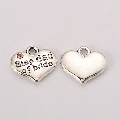 Wedding Theme Antique Silver Tone Tibetan Style Alloy Heart with Step Dad of Bride Rhinestone Charms TIBEP-N005-22A-1
