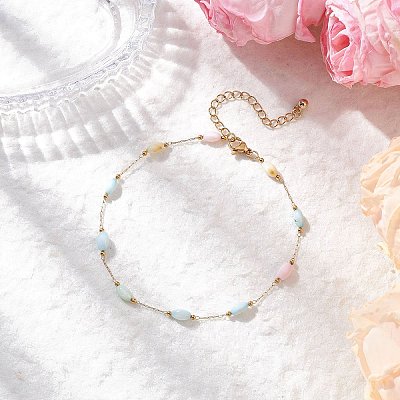 Dyed Rice Natural Shell & 304 Stainless Steel Link Chain Anklets AJEW-AN00727-1