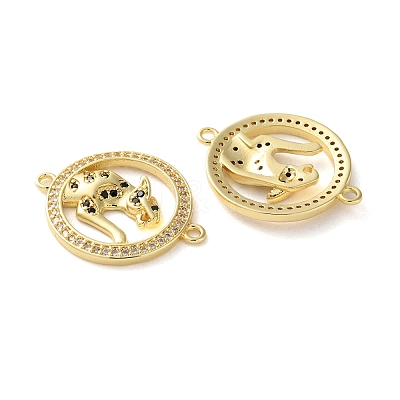 Rack Plating Brass Black Cubic Zirconia Flat Round with Leopard Connector Charms KK-C084-16G-1