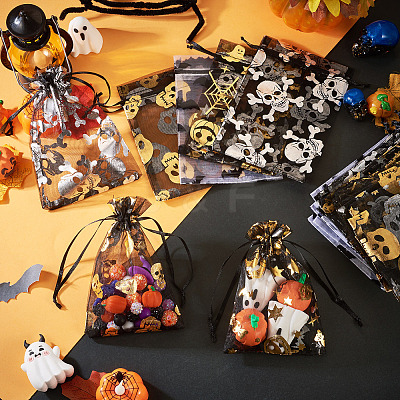 40Pcs 4 Styles Halloween Theme Spider Bat Skull Printed Organza Drawstring Bags ABAG-TA0002-03-1