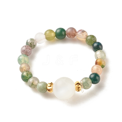Natural Indian Agate Round Beaded Stretch Ring with Moonstone RJEW-JR00440-05-1