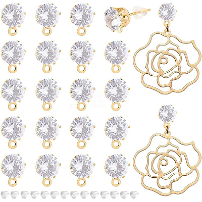 12 Pairs Flat Round Brass Clear Cubic Zirconi Stud Earring Findings KK-BC0008-77-1
