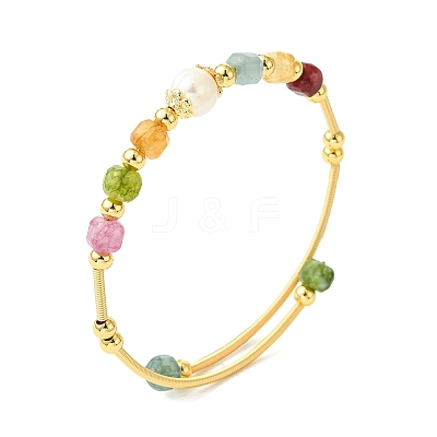 Natural Tourmaline & Freshwater Pearl Beaded Copper French Wired Cuff Bangles for Women BJEW-JB13987-01-1