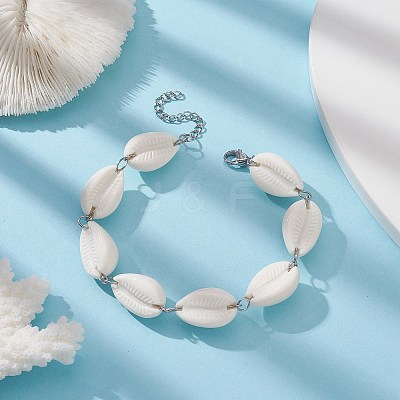 Acrylic Shell Bead Link Anklets for Women BJEW-JB09370-1