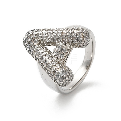 Letter Brass Micro Pave Clear Cubic Zirconia Open Cuff Ring for Women RJEW-N046-03A-P-1