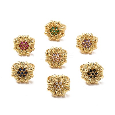 Cubic Zirconia Flower Open Cuff Ring RJEW-C055-05G-1