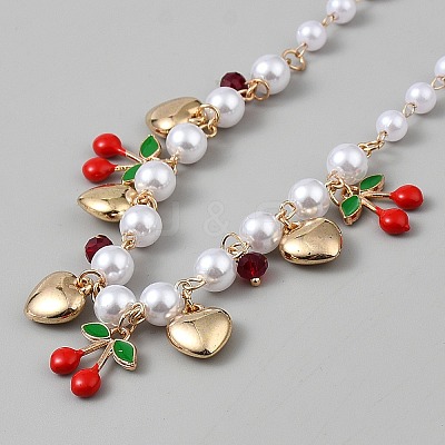 ABS Imitation Pearl Round Beaded Alloy Heart Red Cherry Bib Necklaces for Women NJEW-WH0023-76-1