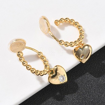 Heart Brass Micro Pave Clear Cubic Zirconia Clip-on Earrings EJEW-K286-12G-1
