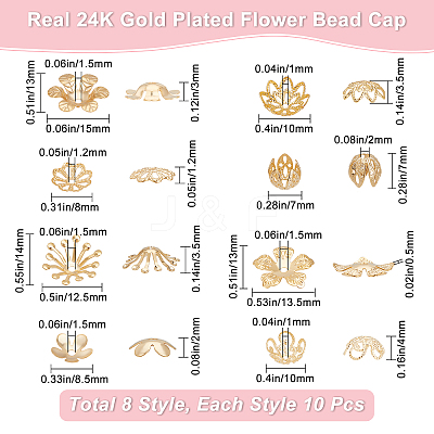 80Pcs 8 Style Brass Bead Caps KK-BBC0003-50-1