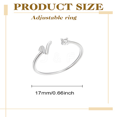 1Pc Letter Brass Rhinestone Open Cuff Rings for Women AJEW-LP0004-47V-S-1