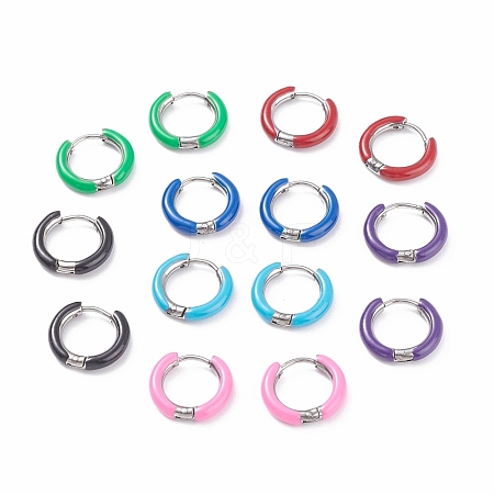 Two Tone 304 Stainless Steel Chunky Huggie Hoop Earrings with Enamel for Women EJEW-C043-11-P-1