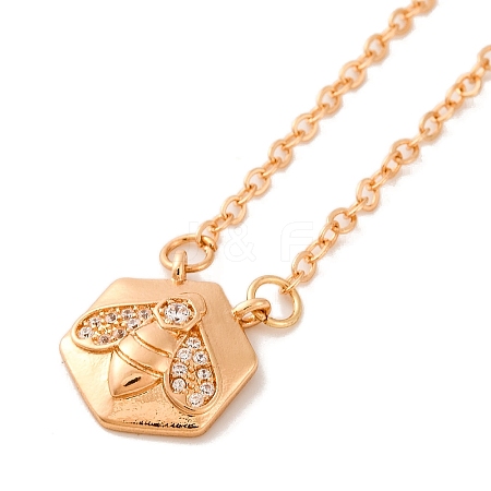 Brass Pave Clear Cubic Zirconia Cable Chain Bees Hexagon Pendant Necklaces for Women LS-NJEW-U006-02B-KCG-1