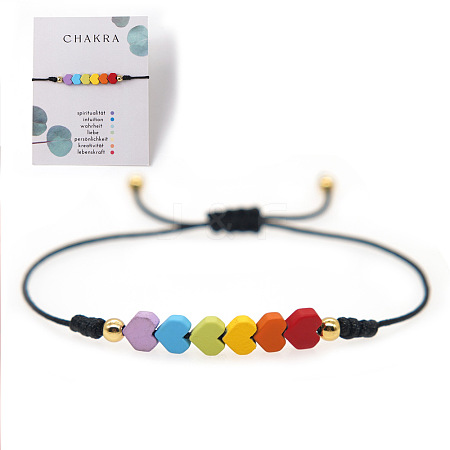 Gemstone Rainbow Heart Beaded Black Cord Adjustable Bracelet for Women YA9246-2-1