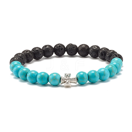 Round Synthetic Turquoise & Natural Lava Rock Stretch Bracelet BJEW-JB07470-03-1