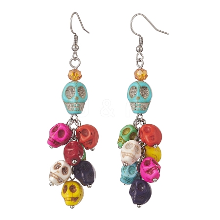 Dyed Synthetic Turquoise Skull Dangle Earrings EJEW-TA00224-1