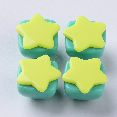  Jewelry Beads Findings Opaque Acrylic Beads, Two Tone, with Star Flat Plate, Half Drilled, Pyramid, Yellow, 16~17x16x13.5mm, Half Hole: 3.5mm