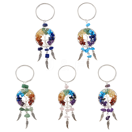  5Pcs 5 Styles Copper Wire Wrapped Natural & Synthetic Gemstone Chip Keychain KEYC-TA0001-21-1
