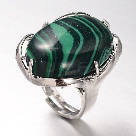 Adjustable Oval Brass Malachite Wide Band Rings RJEW-L062-03K-1