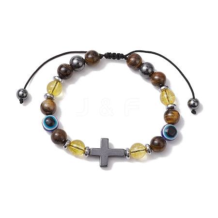 Natural Toger Eye Braided Bead Bracelets for Women Men BJEW-JB11138-02-1