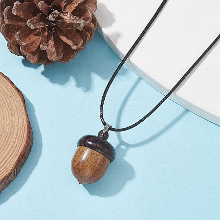 Acorn Shape Ebony Wood Locket Pendant Necklace with Wax Cords NJEW-JN04485-1