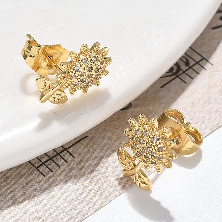 Brass Micro Pave Clear Cubic Zirconia Stud Earrings EJEW-D305-09G-1