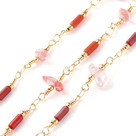 Handmade Brass & Synthetic Cherry Quartz Glass & Glass Tube Beaded Chain for Necklaces Bracelets Making CHC-F019-03G-1