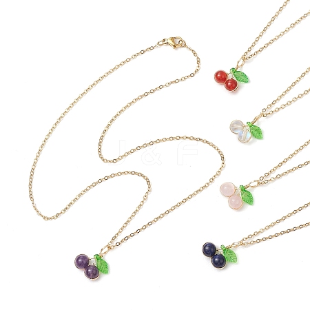 Natural Lapis Lazuli/Carnelian/Rose Quartz/Amethyst/Synthetic Moonstone Cherry Pendant Necklaces NJEW-JN05151-1