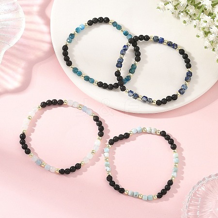 4Pcs 4 Styles Natural Mixed Stone Faceted Cube and Round Natural Lava Rock Beaded Stretch Bracelets for Women BJEW-JB14250-01-1