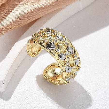 Square Pattern Brass Micro Pave Clear Cubic Zirconia Cuff Rings for Women RJEW-U041-14G-1