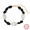 Natural Black Obsidian & Baroque Shell Pearl Beaded Bracelets BJEW-L692-005G-1