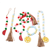 Crafans 6Pcs 6 Style Wood & Fringed Beaded Pendant Decoration HJEW-CF0001-15-9