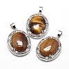 Oval Platinum Plated Brass Natural Tiger Eye Rhinestone Pendants G-F228-35D-RS-1