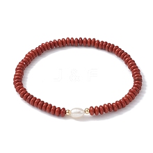 Natural Red Jasper Rondelle & Pearl Beaded Stretch Bracelets BJEW-JB09918-01