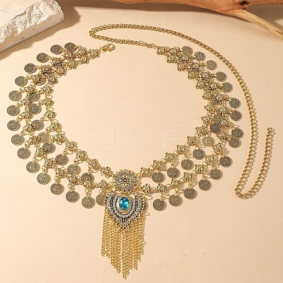 Ethnic Style Alloy Sapphire Rhinestone Heart Coin Tassel Double Layer Waist Belly Chains for Women FS-WG95DA8-01-1