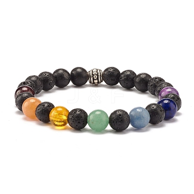 Natural Lava Rock & Mixed Stone Round Beads Stretch Bracelet BJEW-JB07469-02-1