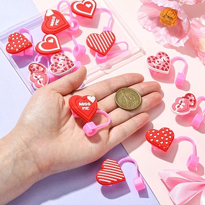 12Pcs 6 Styles Valentine's Day Theme PVC & Silicone Dustproof Straw Cap AJEW-CJ0001-26-1