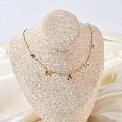 Mother's Day 304 Stainless Steel Pave Clear Cubic Zirconia Word MAMA Shape Pendant Necklaces for Women NJEW-F374-01G-1
