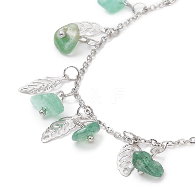 Natural Green Aventurine Chips & Leaf Charms Anklet AJEW-AN00512-05-1